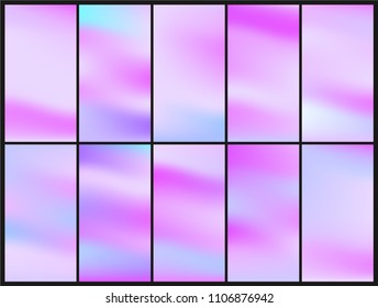 Set of Holographic Vector Background. Iridescent Foil. Glitch Hologram. Pastel neon rainbow. Metallic paper. Template for presentation. Cover to web design. Abstract colorful pearl gradient.