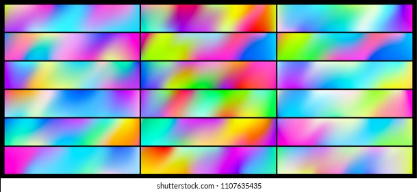 Set of Holographic Vector Background. Iridescent Foil. Glitch Hologram. Pastel neon rainbow. Metallic paper. Template for presentation. Cover to web design.  Abstract colorful  pearl gradient. 