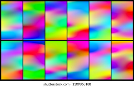 Set of Holographic Vector Background. Iridescent Foil. Glitch Hologram. Pastel neon rainbow. Metallic paper. Template for presentation. Cover to web design.  Abstract colorful  pearl gradient. 