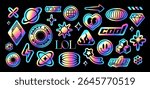 Set of holographic y2k stickers. Gradient Retro Futuristic Foil Effect Badges. Labels with emoji, planet, star and diamond. Iridescent vector illustration collection isolated on background