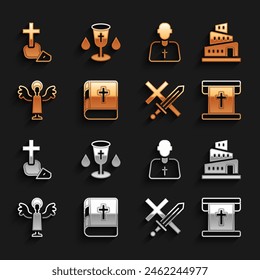 Set Holy bible book, Babel tower story, Flag with christian cross, Crusade, Angel, Priest, Christian and chalice icon. Vector