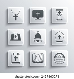 Set Holy bible book, Basket with easter eggs, Pope hat, Church bell, Calendar Easter, Christian cross on chain and chalice icon. Vector