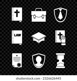 Set Holy bible book, Briefcase, Tie, Certificate template, User protection, Old hourglass, Law and Graduation cap icon. Vector