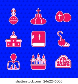 Set Holy bible book, Burning candle in candlestick, Stained glass, Magic staff, Hands praying position, Church building, Easter egg and Christian cross icon. Vector