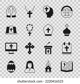 Set Holy bible book, Calendar with Easter, Christian church tower, Priest, Rosary beads religion, Pope hat, Hands in praying position and  icon. Vector