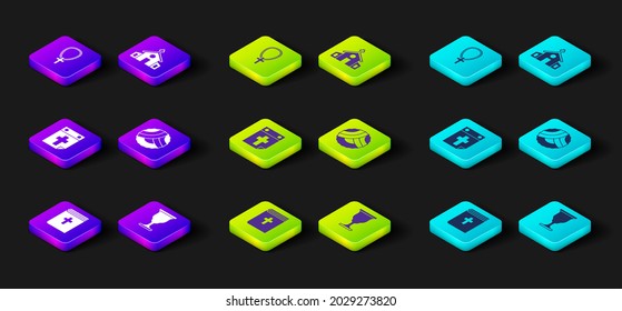 Set Holy bible book, Christian chalice, Calendar death, Memorial wreath, Church building and cross on chain icon. Vector
