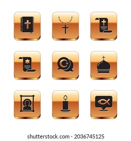 Set Holy bible book, Christian icon, Burning candle, Star crescent, Torah scroll, Decree, paper, parchment,, fish and cross chain icon. Vector