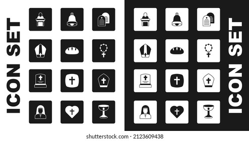 Set Holy bible book, Christian bread, Pope hat, Church pastor preaching, Rosary beads religion, bell,  and Grave with tombstone icon. Vector