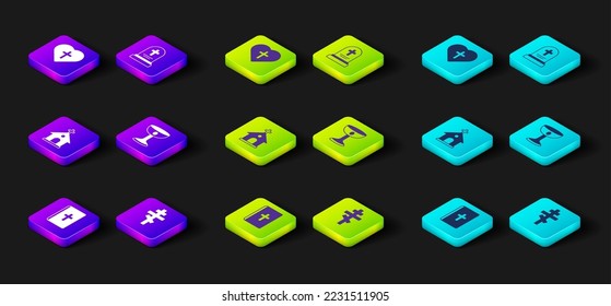 Set Holy bible book, Christian cross, Church building, chalice, Grave with tombstone and heart icon. Vector