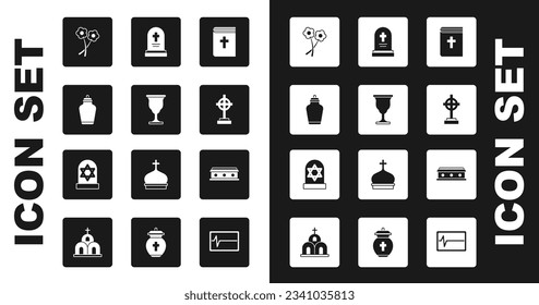 Set Holy bible book, Christian chalice, Funeral urn, Flower, Grave with cross, tombstone, Coffin and star david icon. Vector