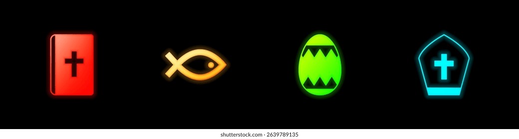 Set Holy bible book, Christian fish symbol, Easter egg and Pope hat icon. Vector