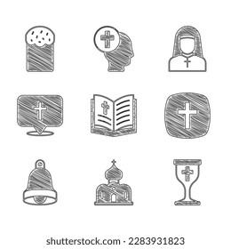 Set Holy bible book, Church building, Christian chalice, cross, bell, Location church, Nun and Easter cake icon. Vector