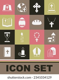 Set Holy bible book, Church building, Christian cross on chain, Easter egg, Pope hat and bread icon. Vector