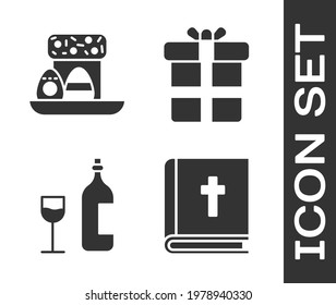 Set Holy bible book, Easter cake and eggs, Wine bottle with glass and Gift box icon. Vector