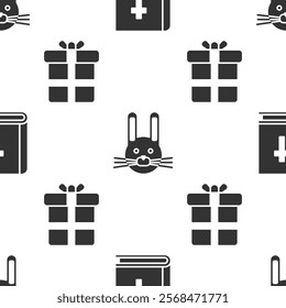 Set Holy bible book, Easter rabbit and Gift box on seamless pattern. Vector