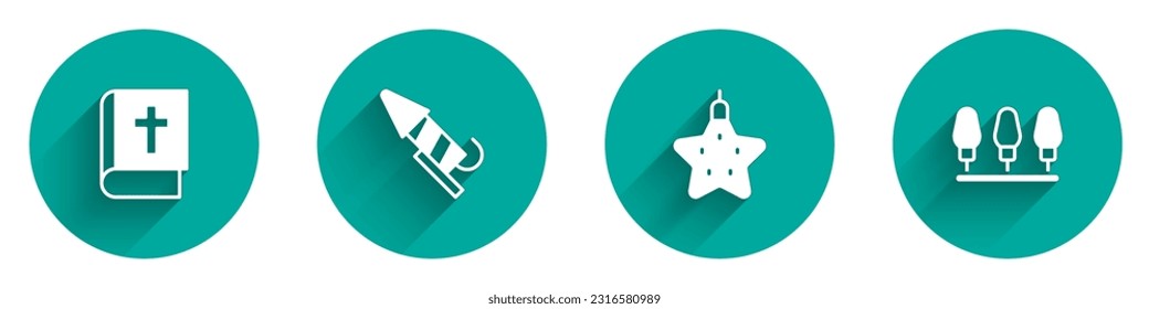 Set Holy bible book, Firework rocket, Christmas star and lights icon with long shadow. Vector