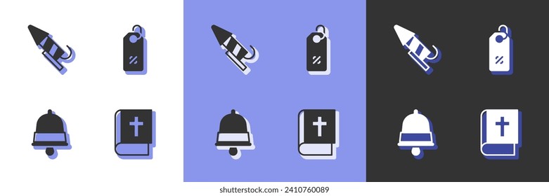 Set Holy bible book, Firework rocket, Christmas ringing bell and Discount percent tag icon. Vector