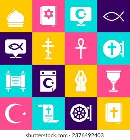 Set Holy bible book, grail or chalice, Christian cross, Star and crescent, fish, Muslim Mosque and Cross ankh icon. Vector