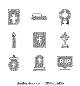 Set Holy bible book, Grave with tombstone, Speech bubble rip death, cross, Funeral urn, Burning candle, Memorial wreath and Calendar icon. Vector