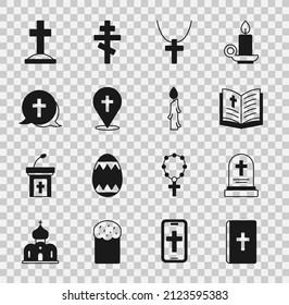 Set Holy bible book, Grave with tombstone, Christian cross chain, Location church building,  and Burning candle icon. Vector