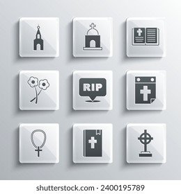 Set Holy bible book, Grave with cross, Calendar death, Speech bubble rip, Christian on chain, Flower, Church building and  icon. Vector