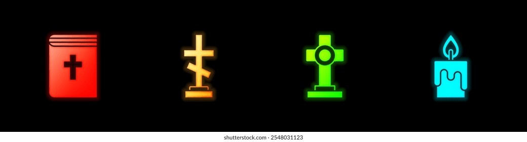 Set Holy bible book, Grave with cross,  and Burning candle icon. Vector