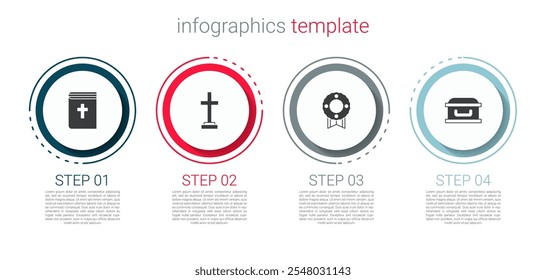 Set Holy bible book, Grave with cross, Memorial wreath and Coffin. Business infographic template. Vector