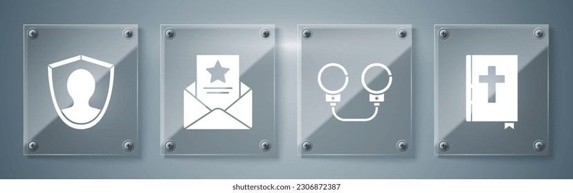 Set Holy bible book, Handcuffs, The arrest warrant and User protection. Square glass panels. Vector