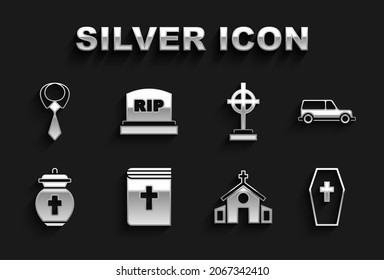 Set Holy bible book, Hearse car, Coffin with cross, Church building, Funeral urn, Grave, Tie and Tombstone RIP written icon. Vector