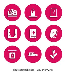 Set Holy bible book, Hearse car, Flower rose, Coffin with cross, Signboard tombstone, Cemetery digged grave hole, Grave and  icon. Vector