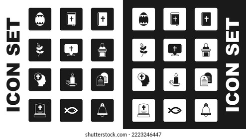 Set Holy bible book, Location church building, Willow leaf, Easter egg, Church pastor preaching,  and Priest icon. Vector