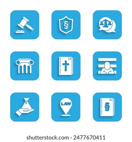 Set Holy bible book, Location law, Law, Prisoner, Bribe money bag, pillar, Scales of justice and Judge gavel icon. Vector