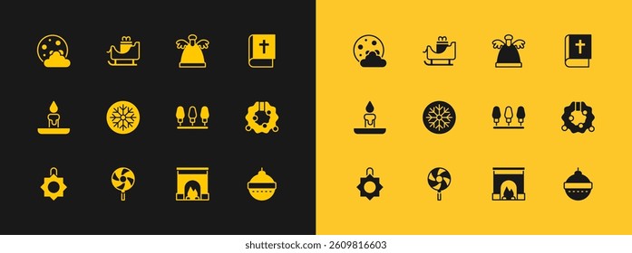 Set Holy bible book, Lollipop, Christmas lights, Interior fireplace, Snowflake, Angel, night and santa claus sleigh icon. Vector