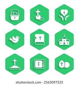 Set Holy bible book, Online church pastor preaching, Easter egg, Church building, Grave with cross, Dove, Religious heart and Basket easter eggs icon. Vector