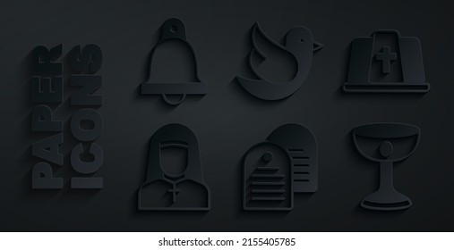 Set Holy bible book, Pope hat, Nun, Christian chalice, Dove and Church bell icon. Vector