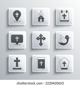 Set Holy bible book, Pope hat, Dove, Christian cross, Grave with, Location church building,  and Calendar Easter icon. Vector