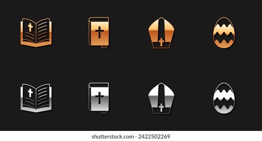 Set Holy bible book, Pope hat and Easter egg icon. Vector