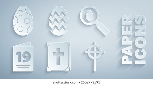 Set Holy bible book, Search and easter egg, Greeting card with Happy Easter, Christian cross,  and  icon. Vector