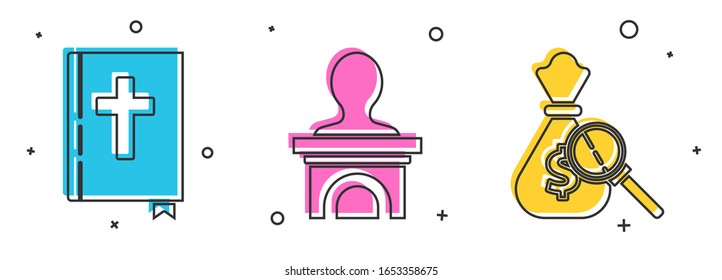 Set Heilige Bibel Buch, Stage Stand oder Debatte Podium rostrum und Geld-Tasche und Lupe Glas-Symbol. Vektorillustration