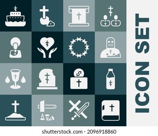 Set Holy bible book, water bottle, Knight crusader, Flag with christian cross, Religious in heart, Jesus Christ, Ark of noah and Crown thorns icon. Vector