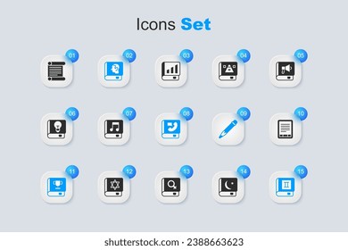 Set Holy book of Koran, Audio, Law, Book, E-Book reader, Decree, parchment, scroll and Phone icon. Vector