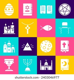 Set Holy book of Koran, bible, Orthodox jewish hat with sidelocks, The commandments, Christian cross on chain, Burning candles, Easter egg and fish icon. Vector
