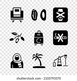 Set Holy Book Of Koran, Date Fruit, No Alcohol, Muslim Woman In Hijab, Tropical Palm Tree, Oil Pump Pump Jack,  And Donate Pay Your Zakat Icon. Vector