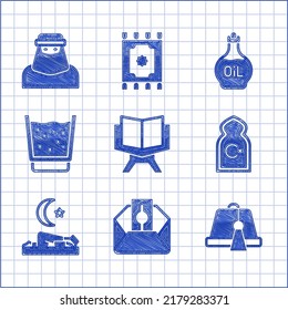 Set Holy book of Koran, Donate pay your zakat, Turkish hat, Muslim Mosque, man prays, Glass with water, Essential oil bottle and woman in niqab icon. Vector