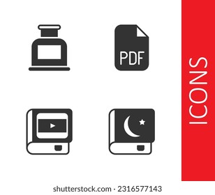 Set Holy book of Koran, Inkwell, Book about cinema and PDF file document icon. Vector