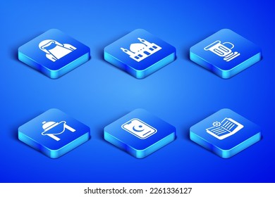 Set Holy book of Koran, Muslim woman in niqab, Star and crescent, Table food, Mosque and Medieval goblet icon. Vector