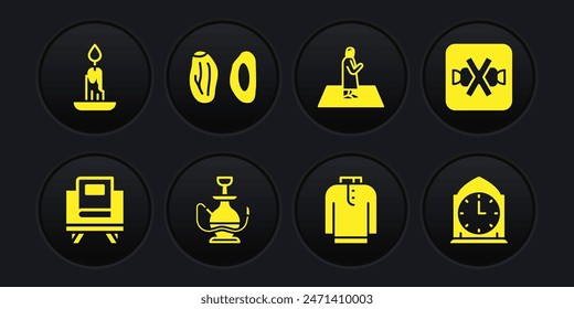 Set Holy book of Koran, No sweets, Hookah, Shirt kurta, Muslim man prays, Date fruit, Clock and Burning candle icon. Vector