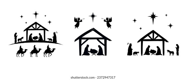 Set of holy Christmas scene, christian Nativity silhouettes. Joseph, Mary and Jesus in manger. The birth of Christ, Holy night vector illustration