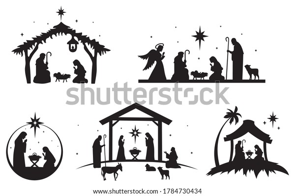 聖なるクリスマスシーンのセット キリスト教の伝統的なキャラクターのシルエットコレクション 家族の休日 ホリデーカード用の神聖なエレメントのベクター イラスト のベクター画像素材 ロイヤリティフリー