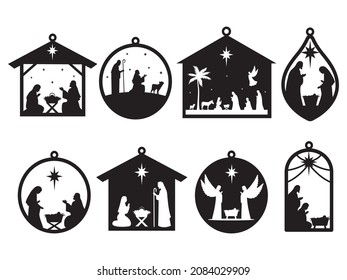 Set of holy Christmas scene on tree toys. Collection of silhouettes traditional christian characters holy night. Family decoration. Vector illustration of sacred elements for  holiday congratulation.